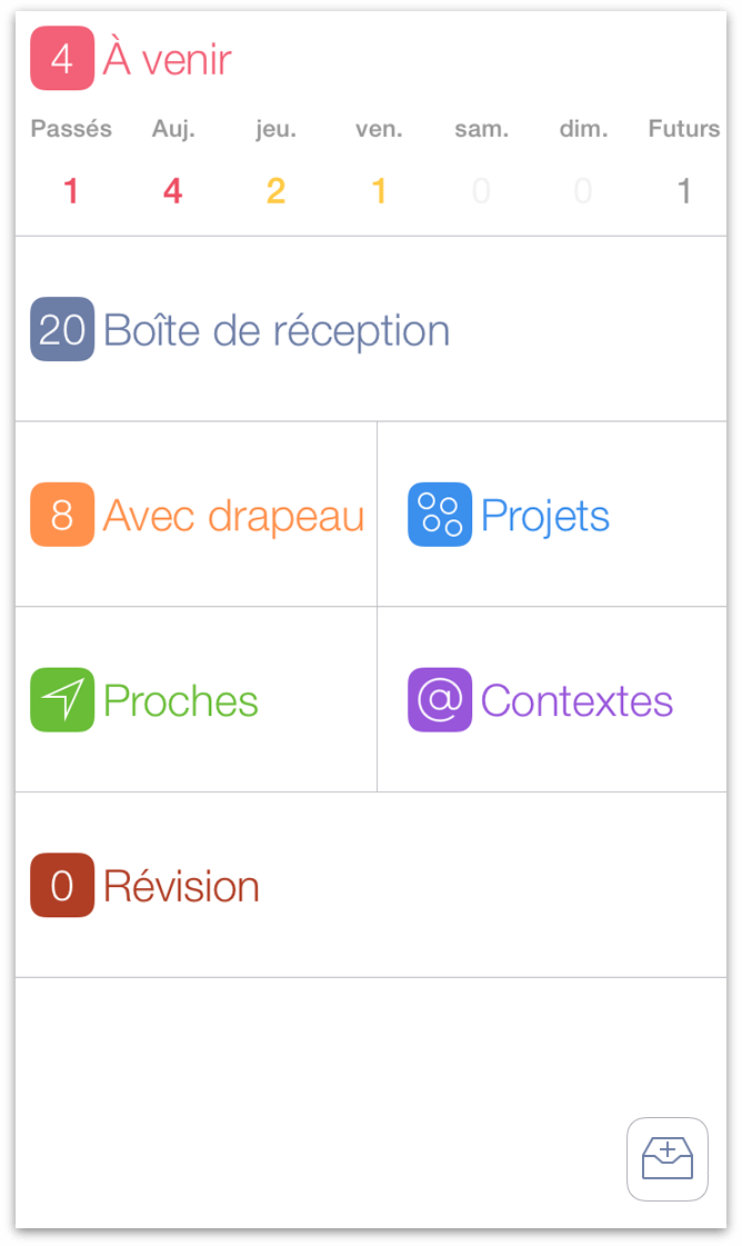 Écran d'accueil dans OmniFocus pour iOS sur iPhone 5.