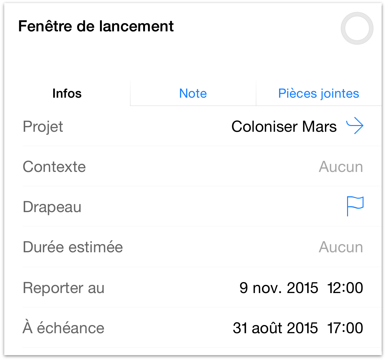 Création d'une action Fenêtre de lancement dans le projet Coloniser Mars, située entre une « date de report jusqu'à » et une date d'échéance.