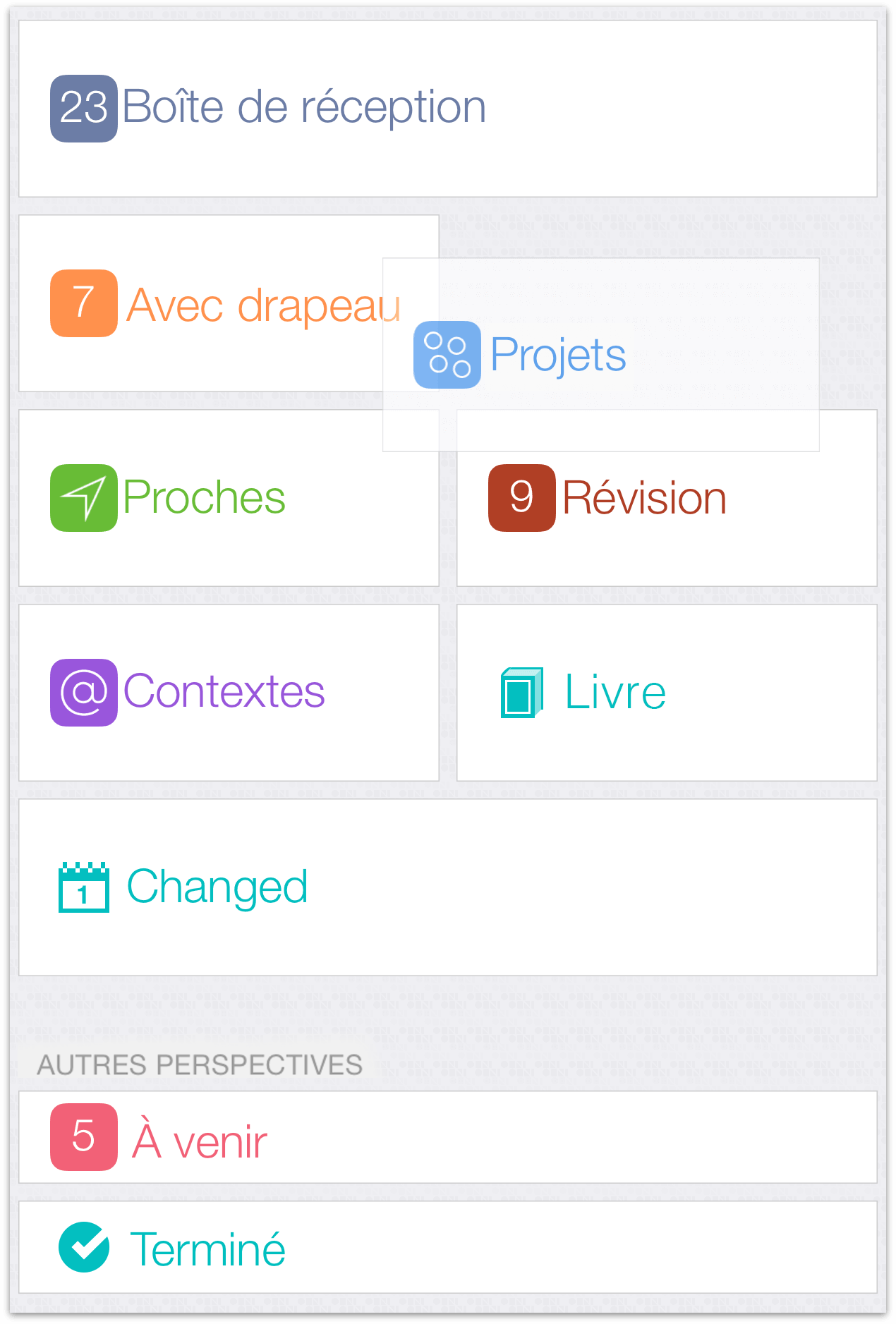 Réorganisation de perspectives à l'aide de l'éditeur de vignettes dans OmniFocus 2 pour iOS sur iPhone 6 Plus.
