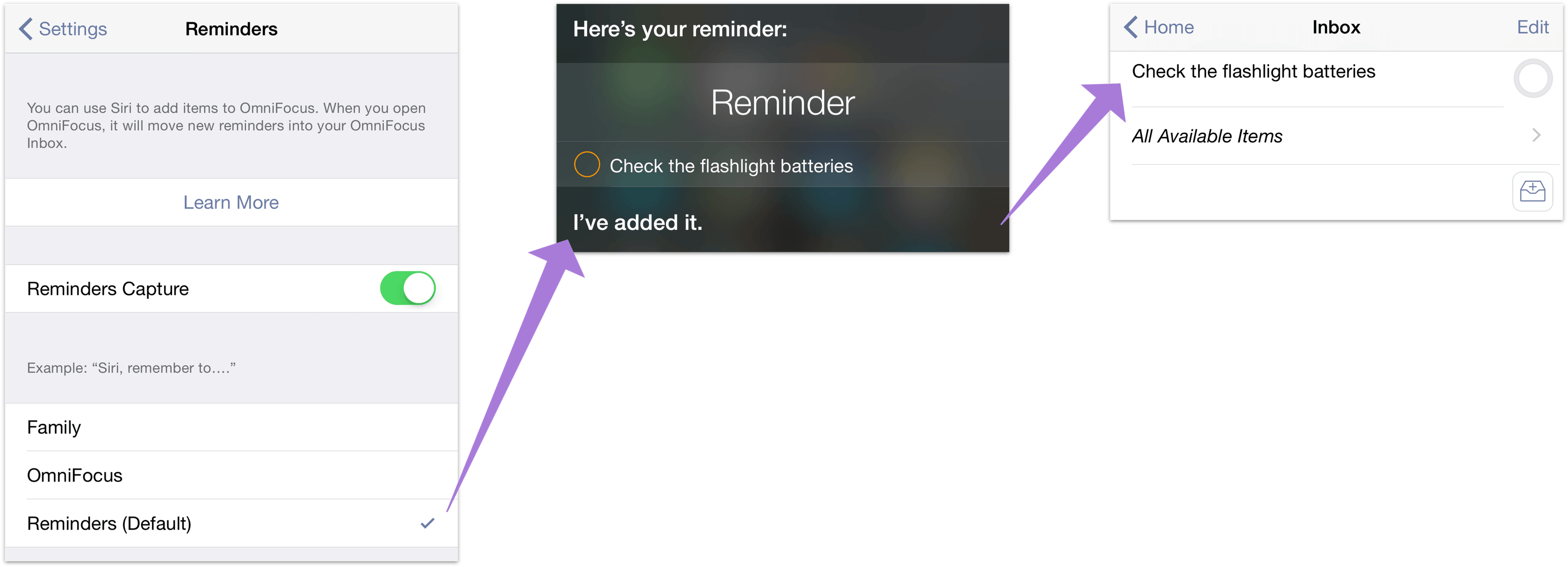 Configuration de la capture de rappels et ajout d'éléments à votre boîte de réception OmniFocus avec Siri.