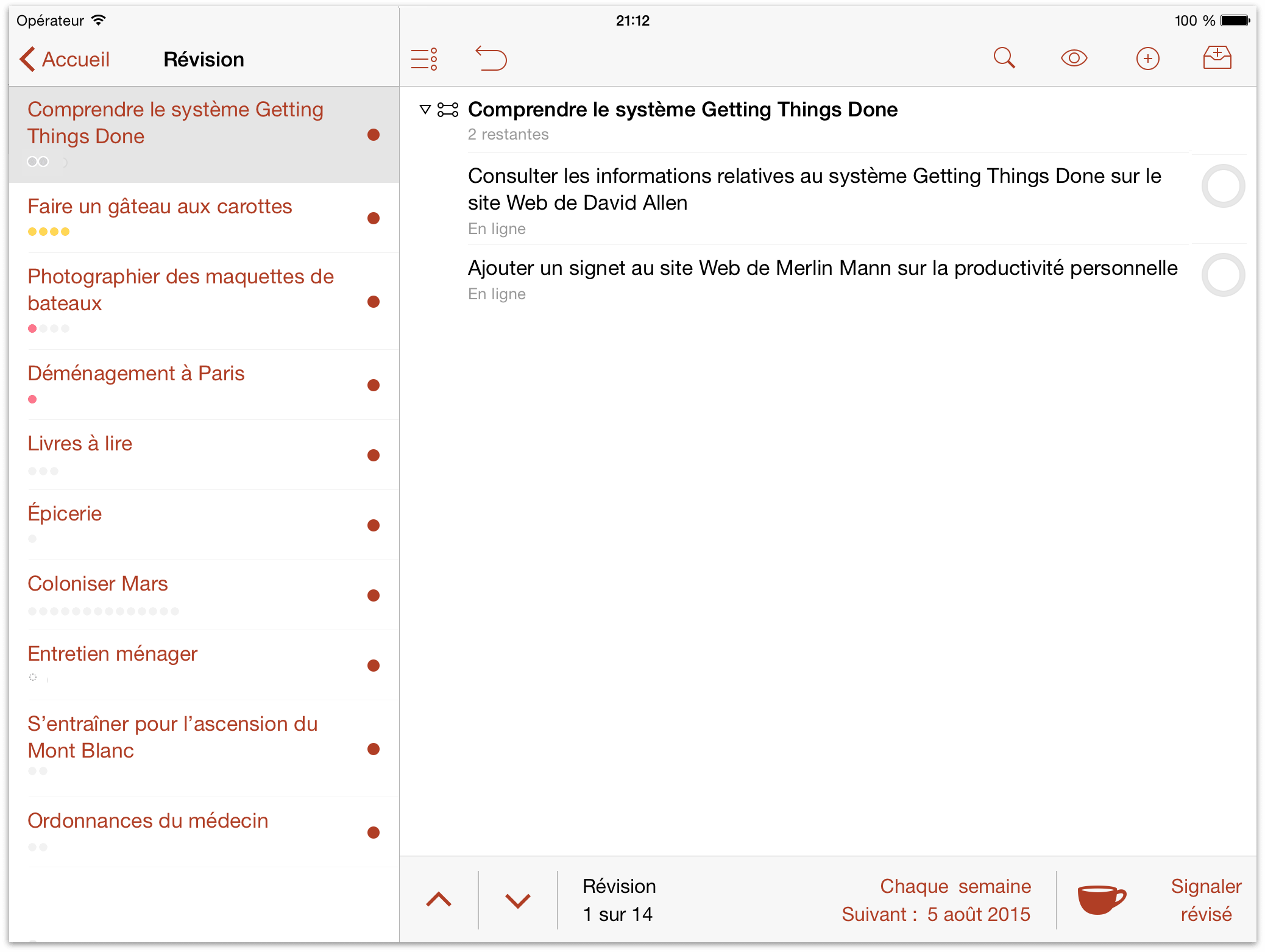 Exemple de perspective Révision dans OmniFocus 2 pour iOS sur iPad.