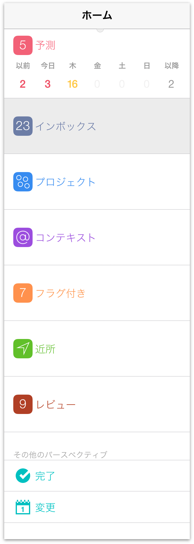 OmniFocus 2 for iOS に表示されるデフォルトのパースペクティブのリスト（iPad）