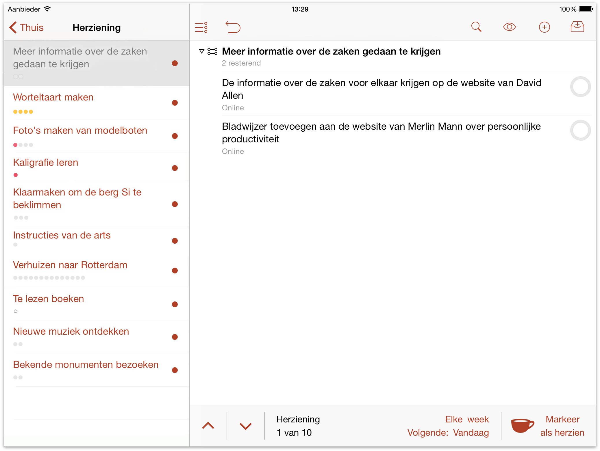 Een voorbeeld van het perspectief Herziening in OmniFocus 2 voor iOS op iPad.