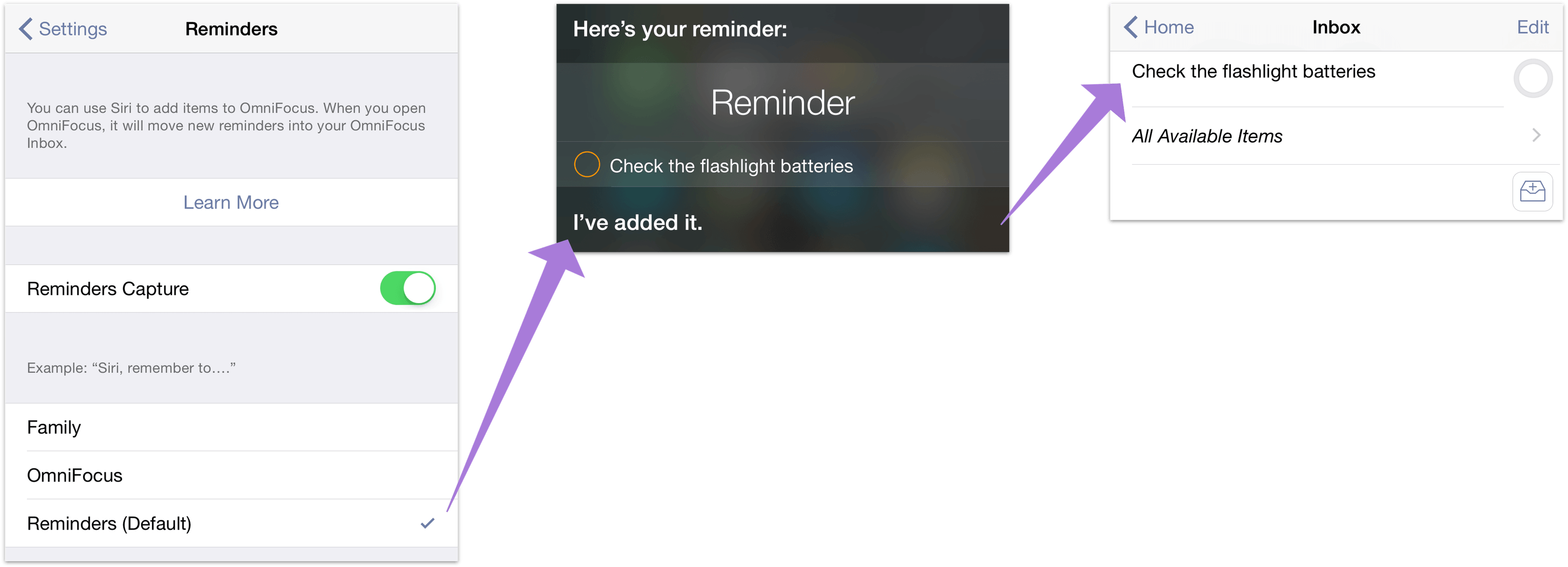 设置提醒事项捕捉,并通过 Siri 将项添加到 OmniFocus 收件箱中。