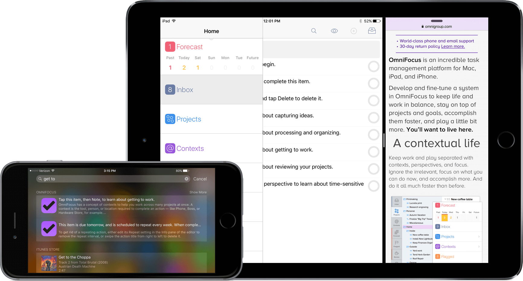 OmniFocus 2 for iOS in landscape orientation on iPhone 6 Plus, and in landscape orientation on iPad Air 2, showcasing improved Spotlight Search and Split View.