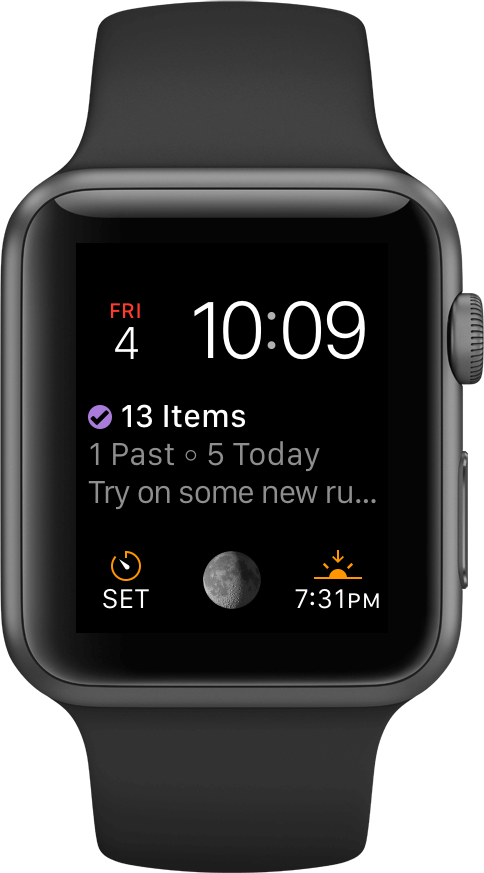 OmniFocus 2 for Apple Watch, showcasing the OmniFocus complication in watchOS 2.