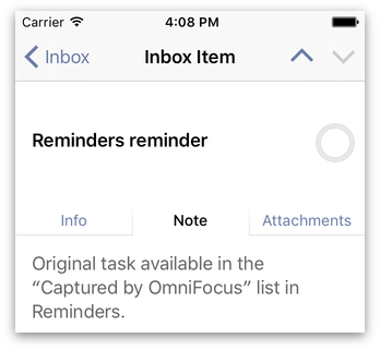 An item captured from the Reminders app with a note that the original is still available on a separate list in Reminders.