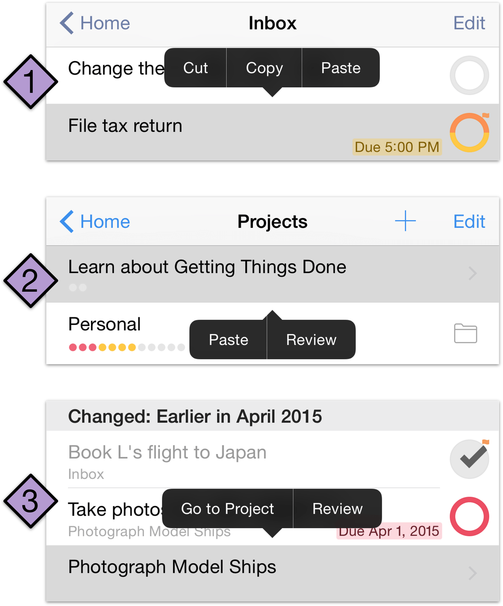 Contextual menus in OmniFocus 2 for iOS.