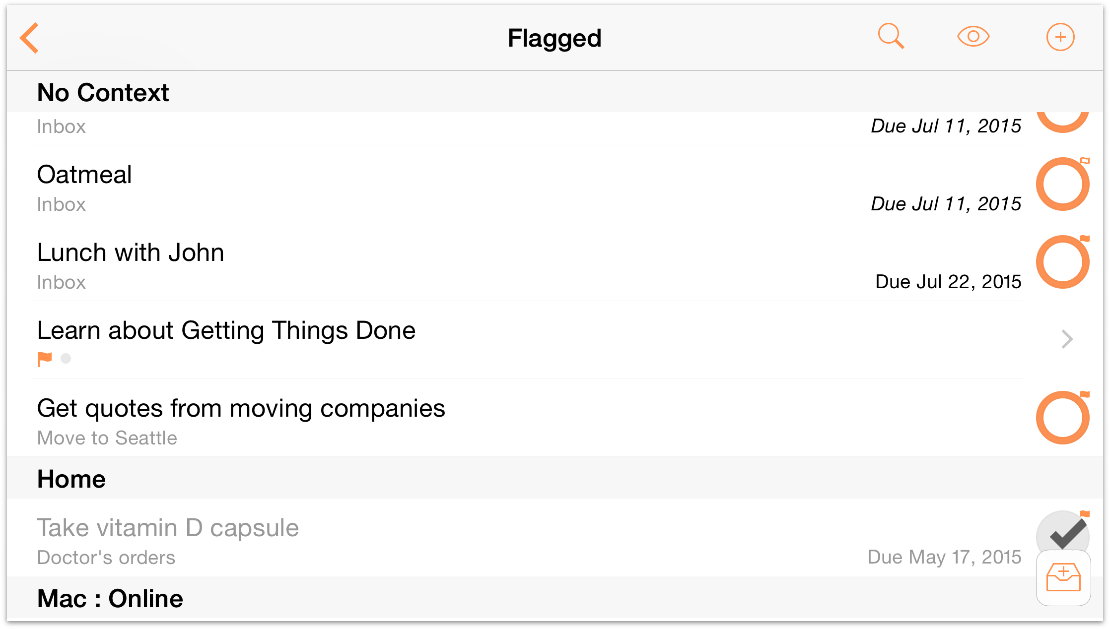 An example of the Flagged perspective in OmniFocus 2 for iOS on iPhone 6 Plus.