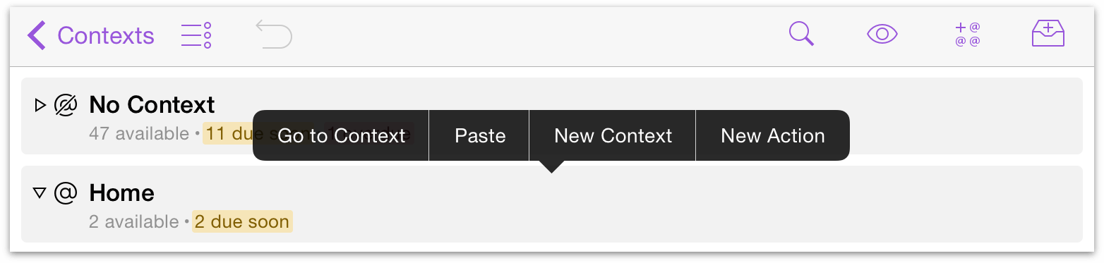 Contextual menu for contexts in OmniFocus 2 for iOS on iPad.