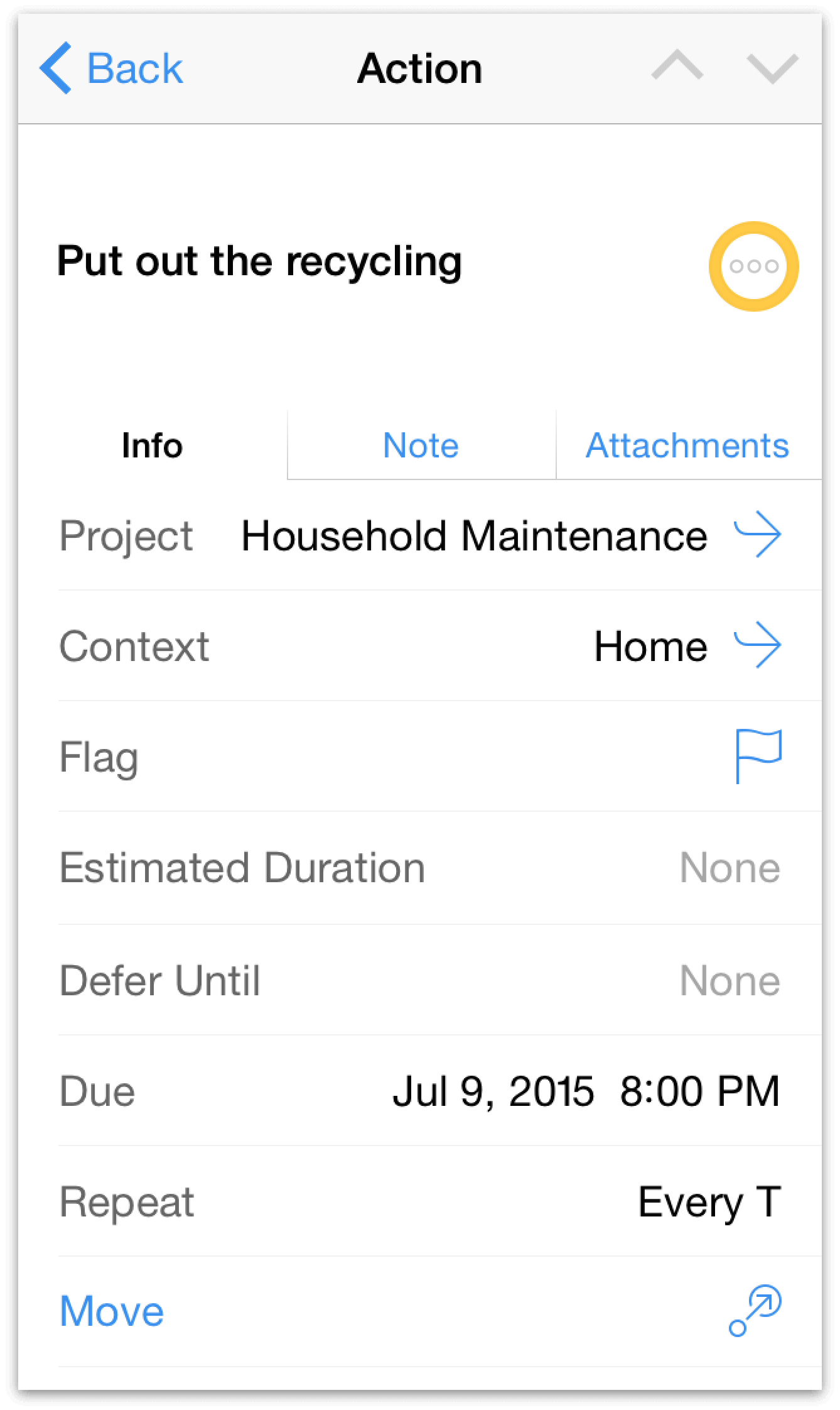 The project editor in OmniFocus for iOS on iPhone.