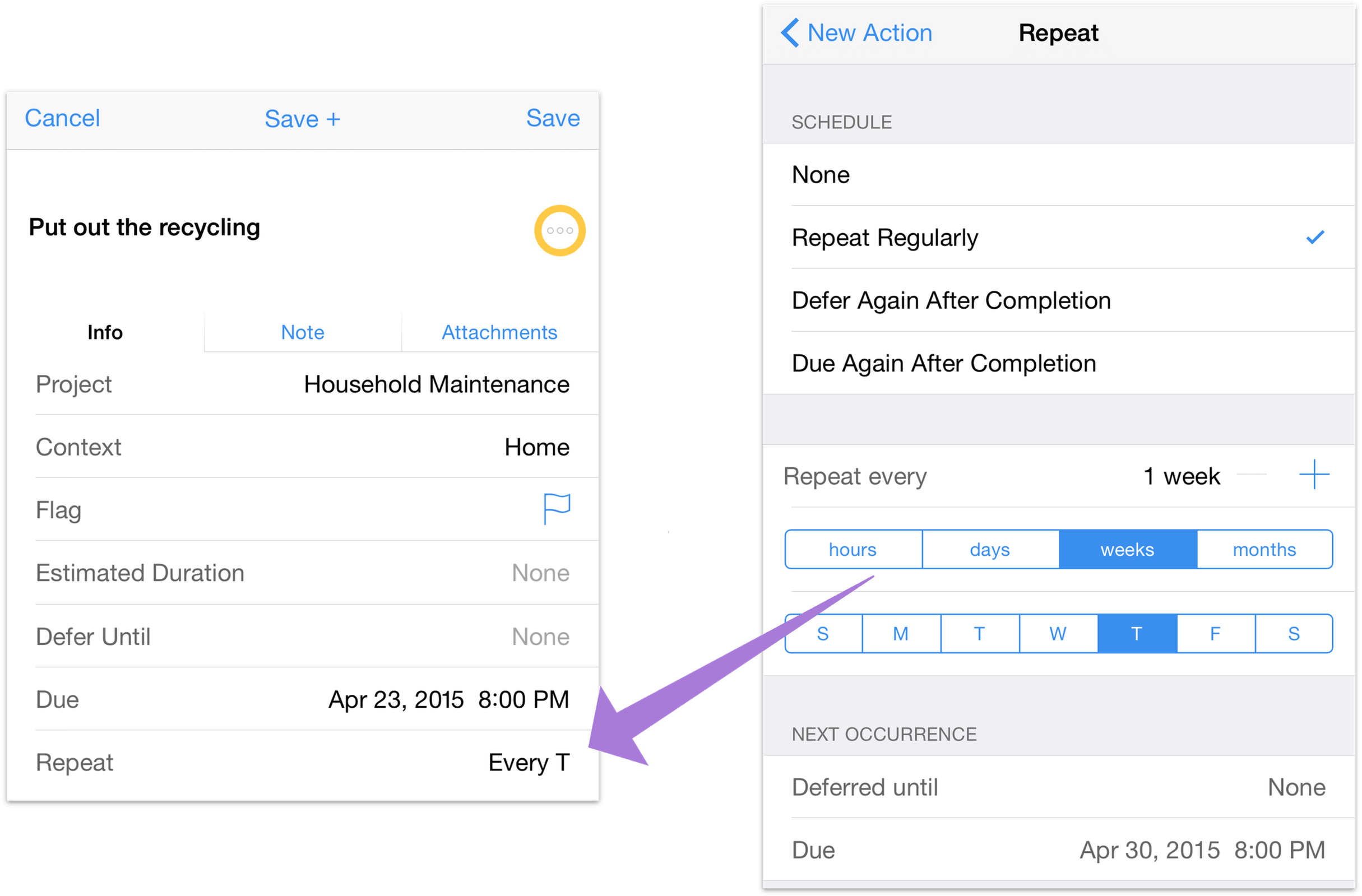 Setting up a repeating item in the action editor.