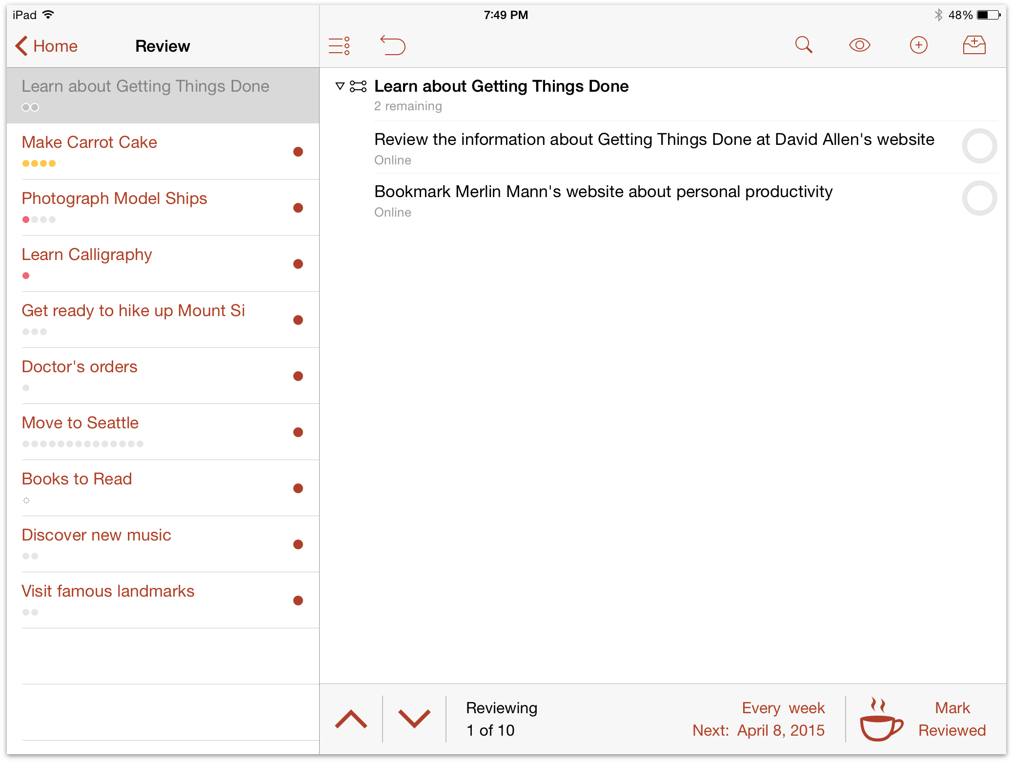 An example of the Review perspective in OmniFocus 2 for iOS on iPad.