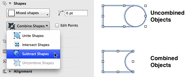 Combine two or more objects using the Shapes Object inspector
