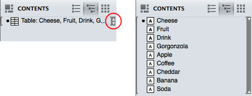 The cells of a table are grouped together in the Outline Editor; just click the arrow at right to see all of the tables contents.