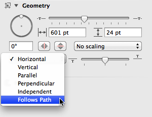 Make the text follow the path of the line by using the Geometry object inspector