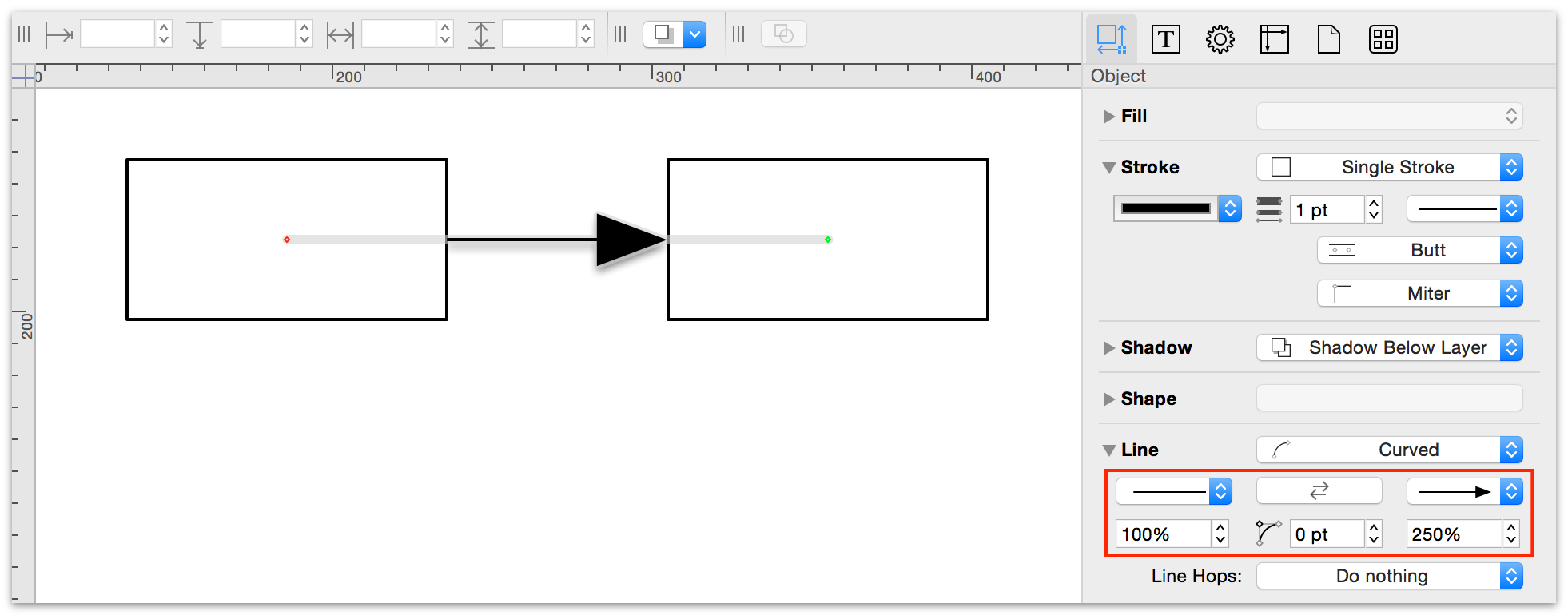 Use the percentage fields in the Line inspector to increase or decrease the size of the tail or head arrow