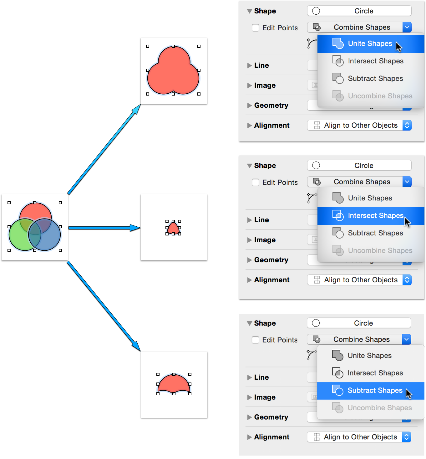 Combine two or more objects using the Shapes Object inspector