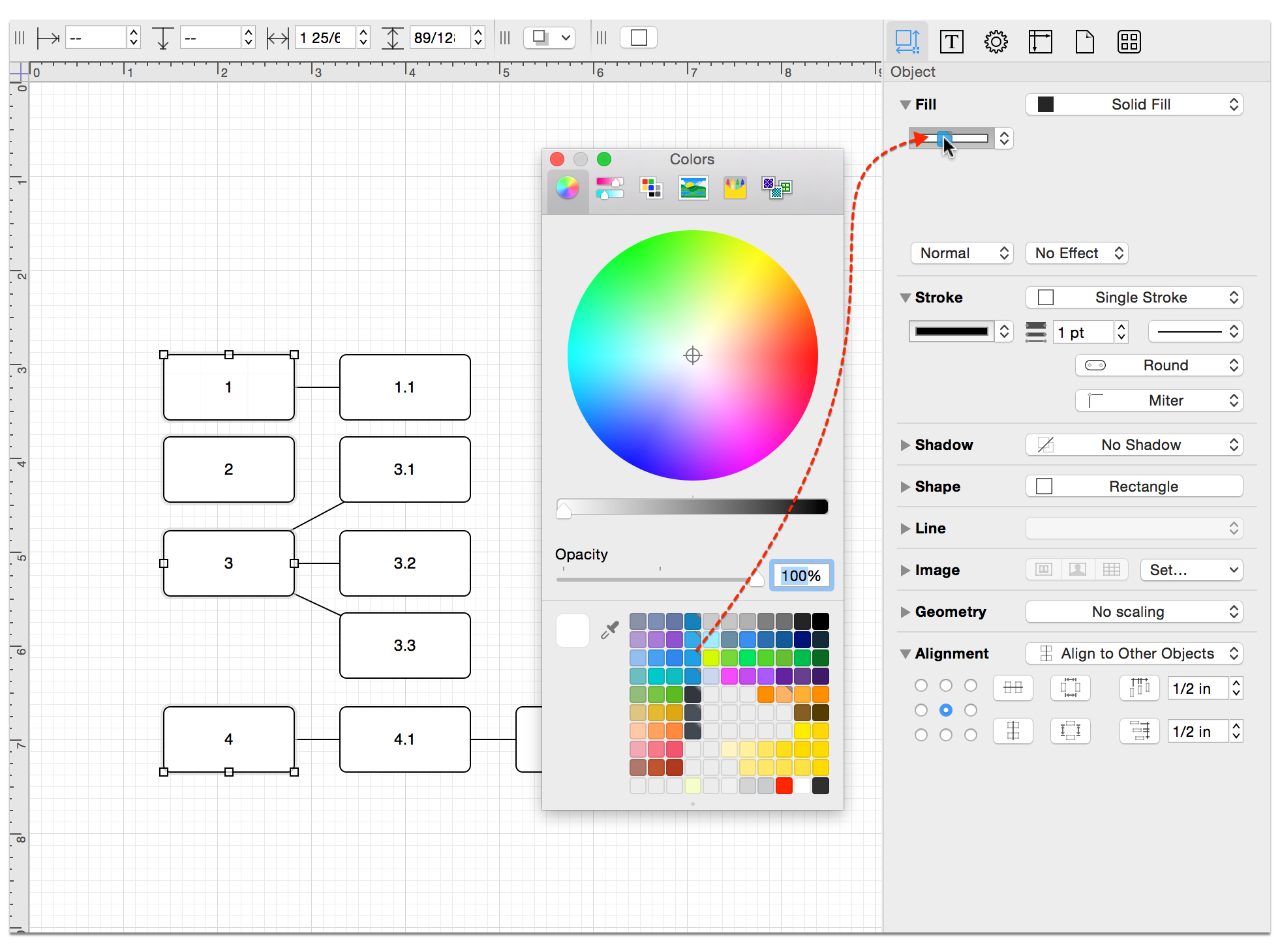 Dragging colors from the color well to a color object