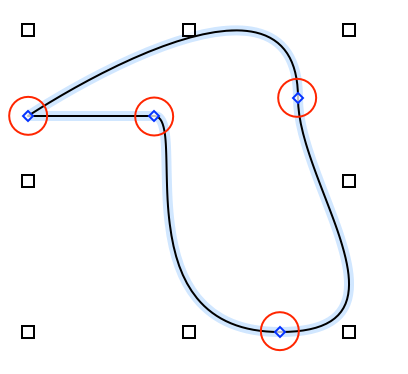 ペンツールを使って描いたオブジェクトの線上に青い小さなひし形として表示されたコントロールポイント