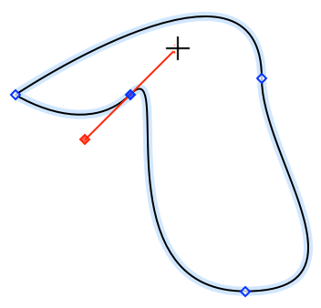 角度の付いた点から曲線を作成するために、Option-ドラッグしてベジェハンドルを表示