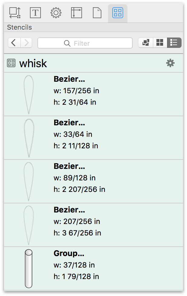 The Stencils Library, showing four loops of a whisk, along with its handle rather than a single grouped whisk object