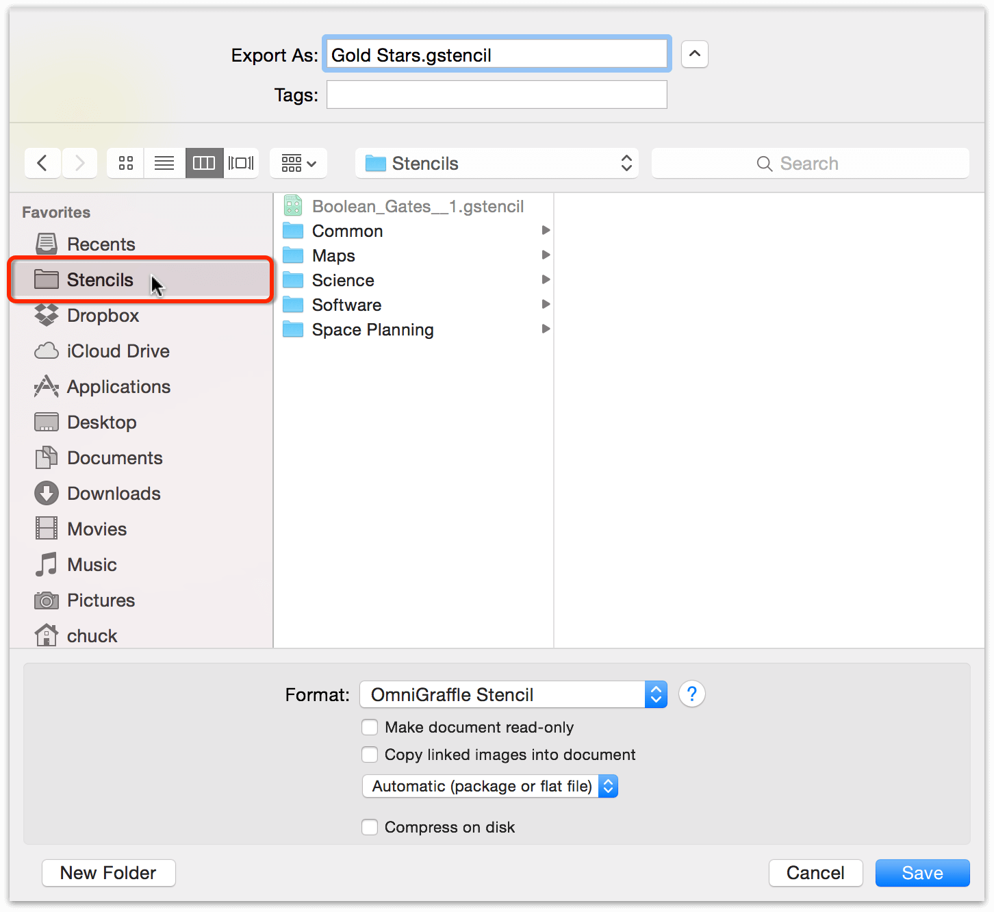 Choose the Stencils folder under Favorites in the Save Sheet