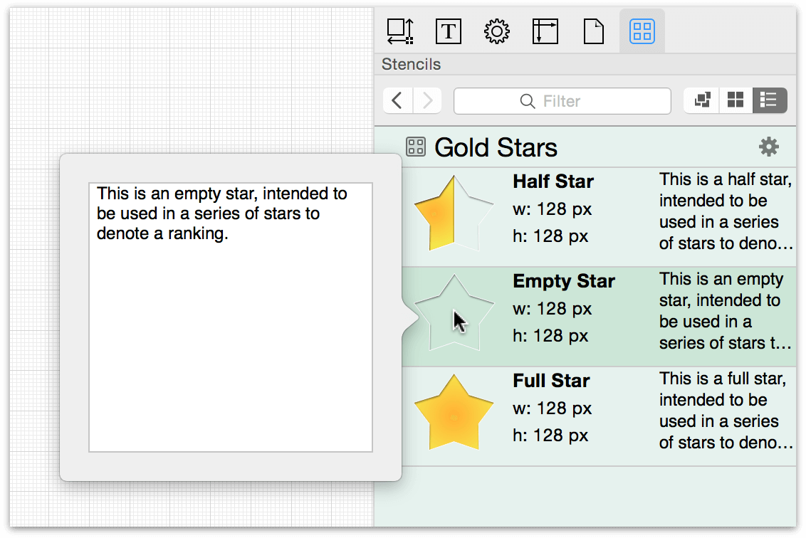 Double-click a stencil to reveal its Notes and Metadata window