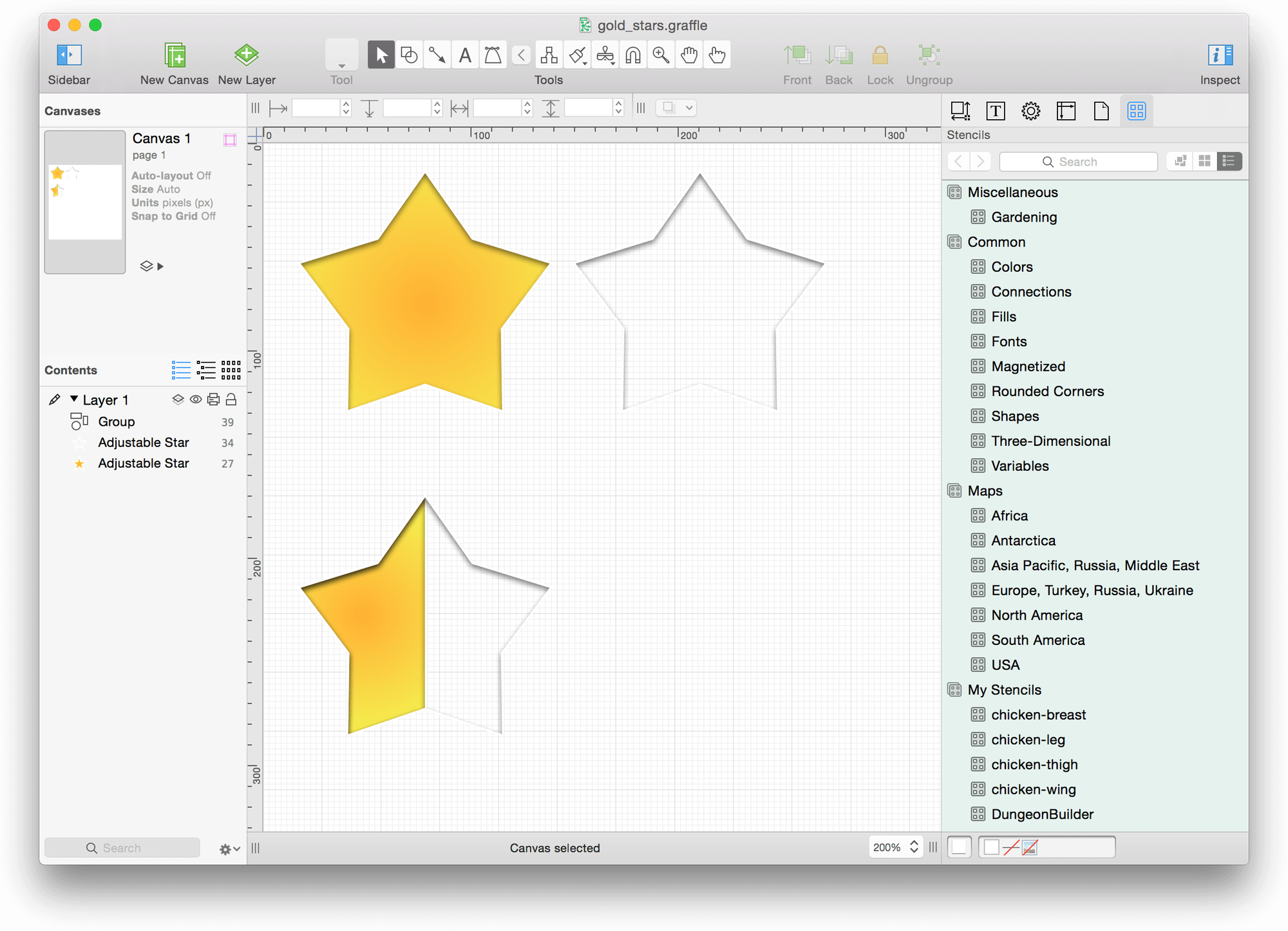 An OmniGraffle file with three different star images