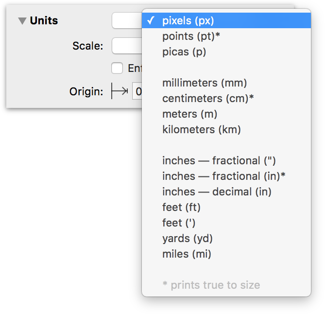 The Units inspector, with the Ruler Units popup menu open