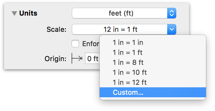 The Unit Scale popup menu, showing the Custom option for setting the scale