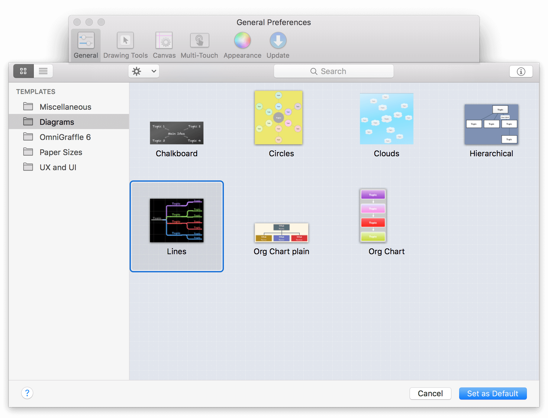 Choose a new default template in the sheet that appears