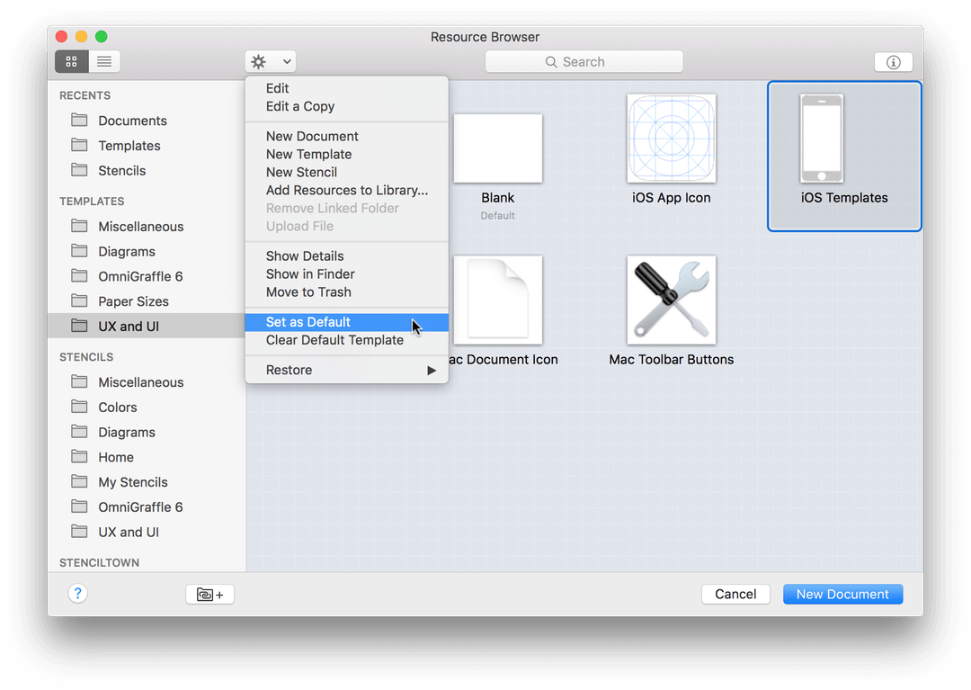 Setting a default template from the Resource Browser