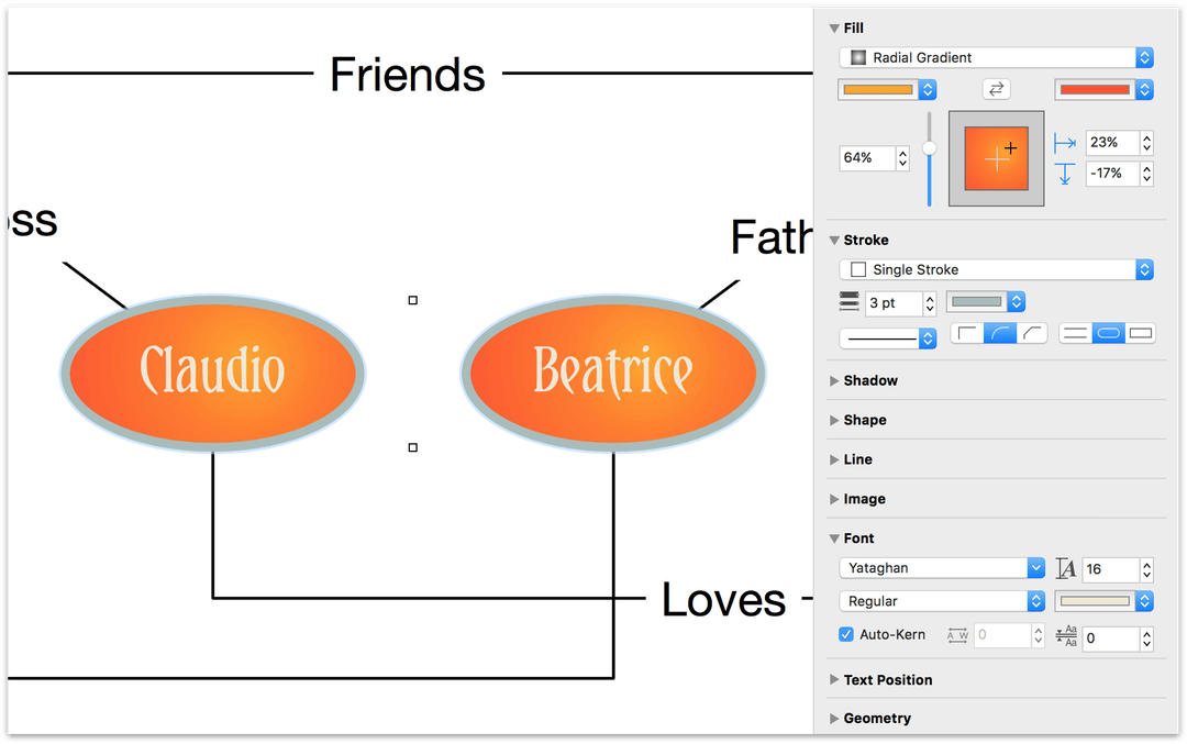 Hint: Use the Fill and Stroke object inspectors, and use the Text inspector