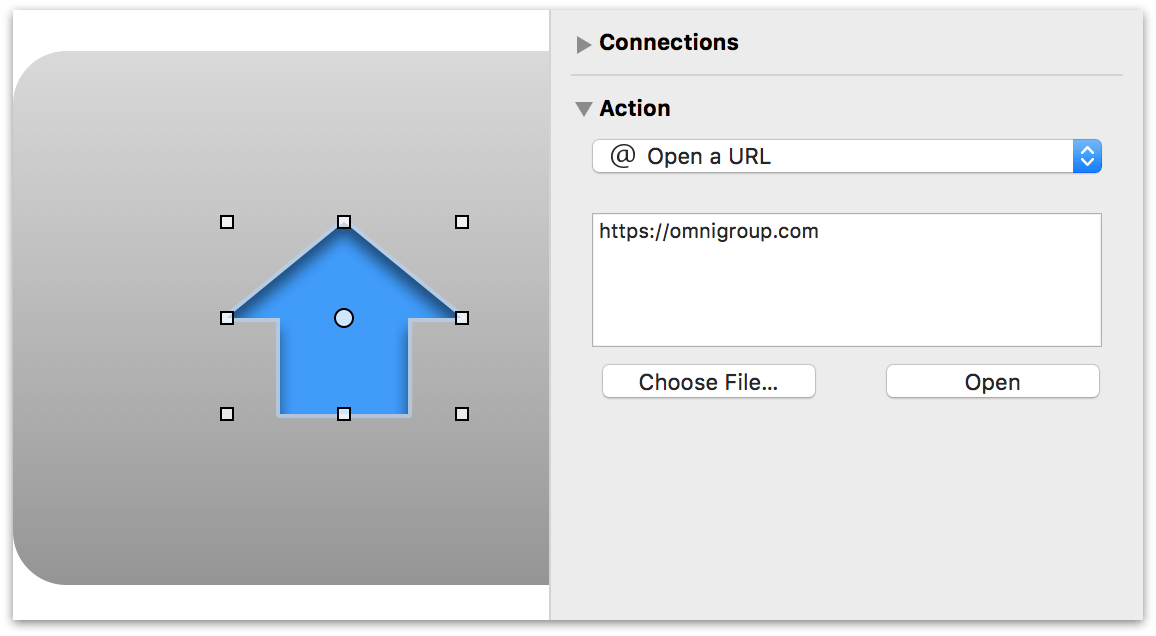 Using the Actions inspector to specify a URL for the Home icon in the navbar