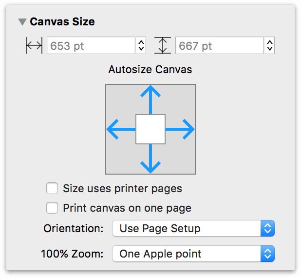 Use the Autosize Canvas control at the center of the Canvas Size inspector to alter the way OmniGraffle's canvas expands when autosizing.
