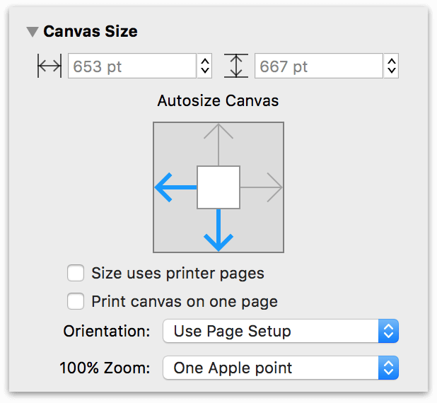 A left-handed designer's delight: here the Canvas Size inspector shows that the canvas will resize to the left and down, instead of the standard right and down.