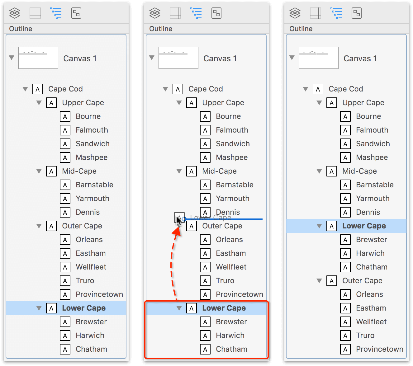 This image contains three different tabs of the Sidebar, with a hierarchical outline of the towns on Cape Cod, Massachusetts. In the one on the left, Lower Cape and its three towns are at the bottom of the outline, but it needs to come before the Outer Cape section. The middle image shows the Lower Cape section being dragged up above the Outer Cape. The right image shows the regions of Cape Cod in their proper locations.