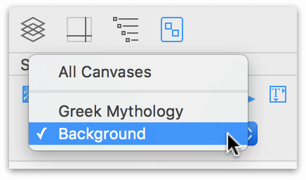 Use the popup menu in the Selection tab to select which canvas' objects to display
