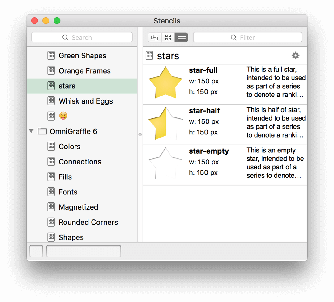 The Stencils Library, showing different-sized stencils organized by type