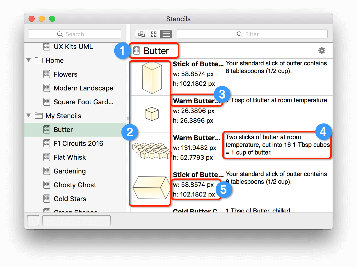 The stencil menu with callouts showing where all of a stencil's information comes from in OmniGraffle's user interface