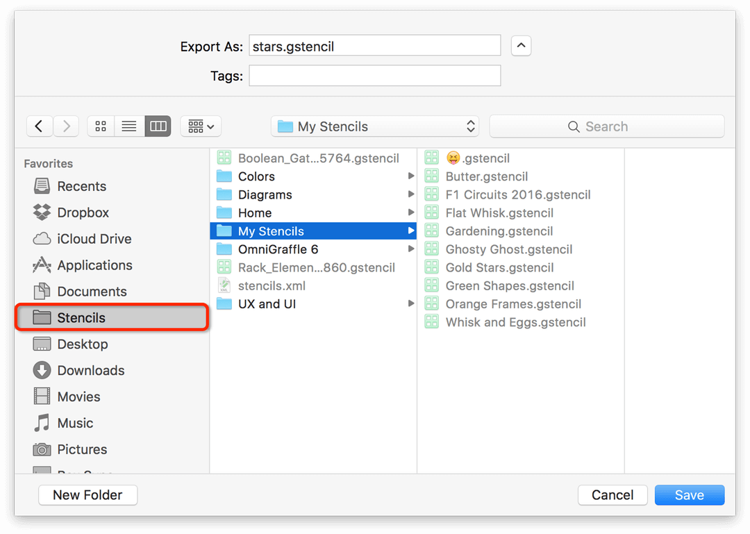 OmniGraffle's Export As sheet, showing the Stencils folder in the Favorites section on the left side of the sheet