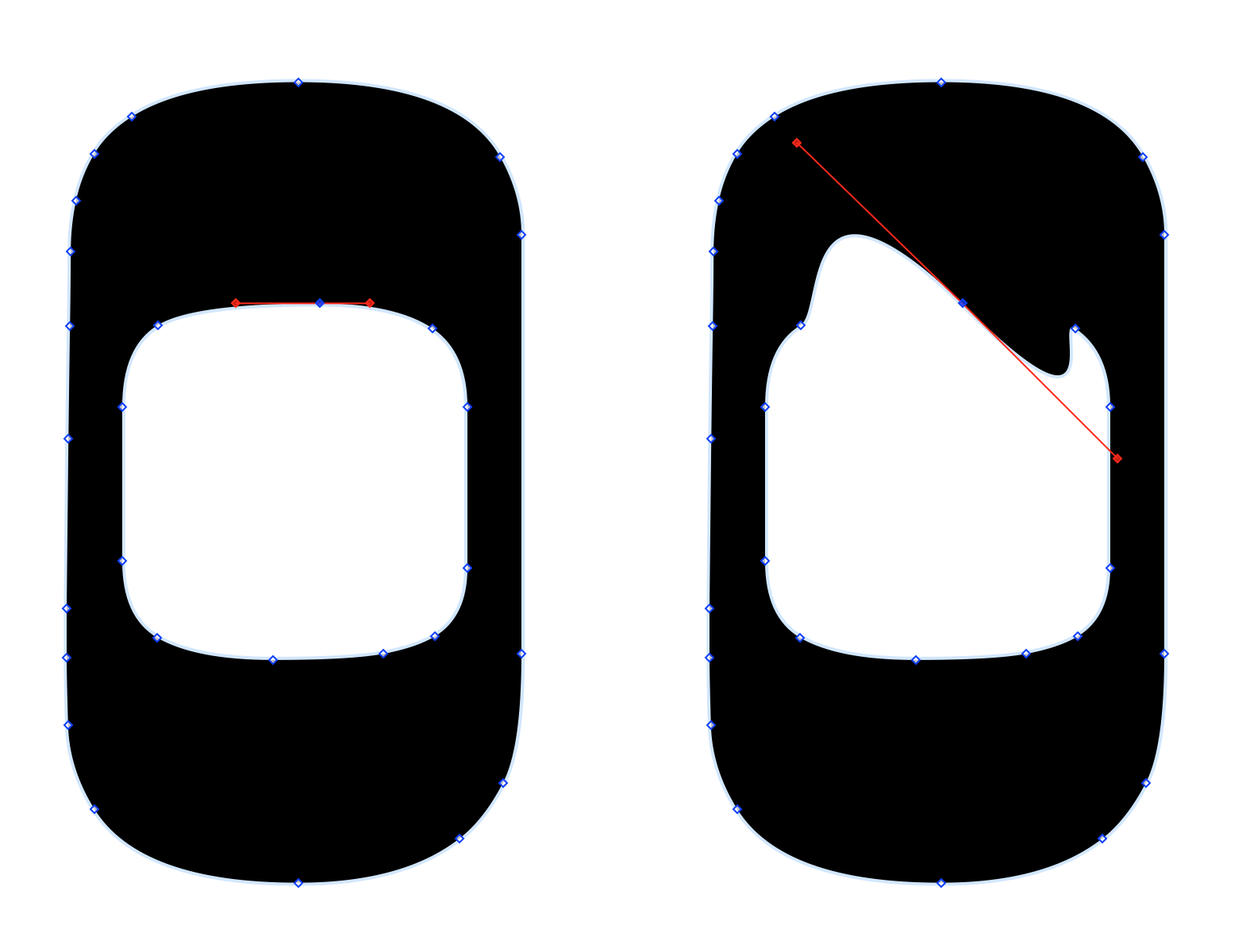 This shows two Oh characters side by side. The Oh on the left has a vector point selected along the top-inside of the shape. The Oh on the right shows that same Oh character after changing the positions of the Bezier curve's control handles.