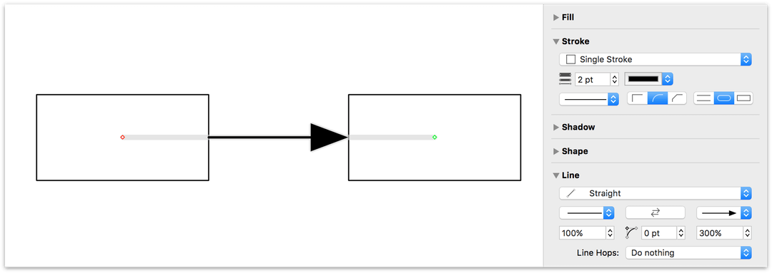 Use the percentage fields in the Line inspector to increase or decrease the size of the tail or head arrow