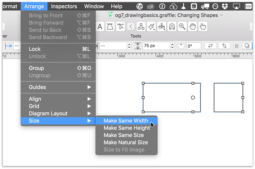 Resizing objects using the Arrange, Size menu option