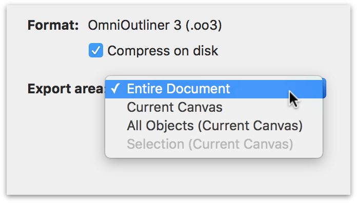 The export options for exporting to OmniOutliner’s file format