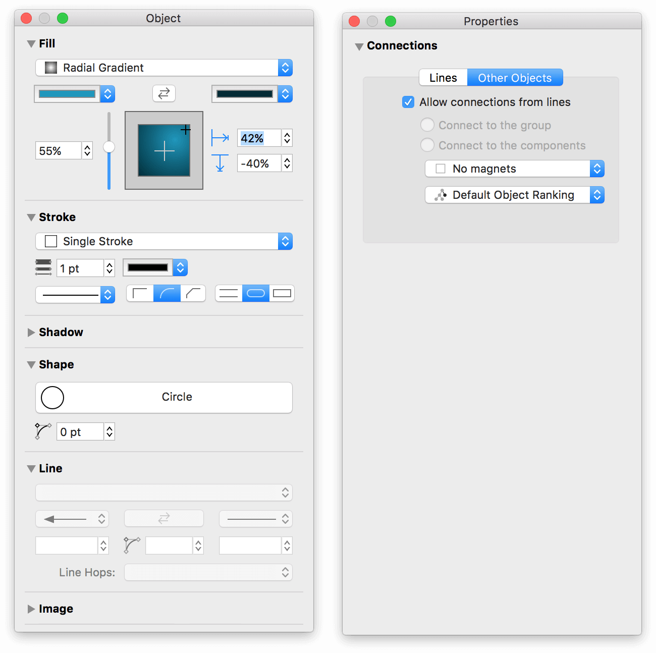 The Object and Properties inspectors when viewed as palettes