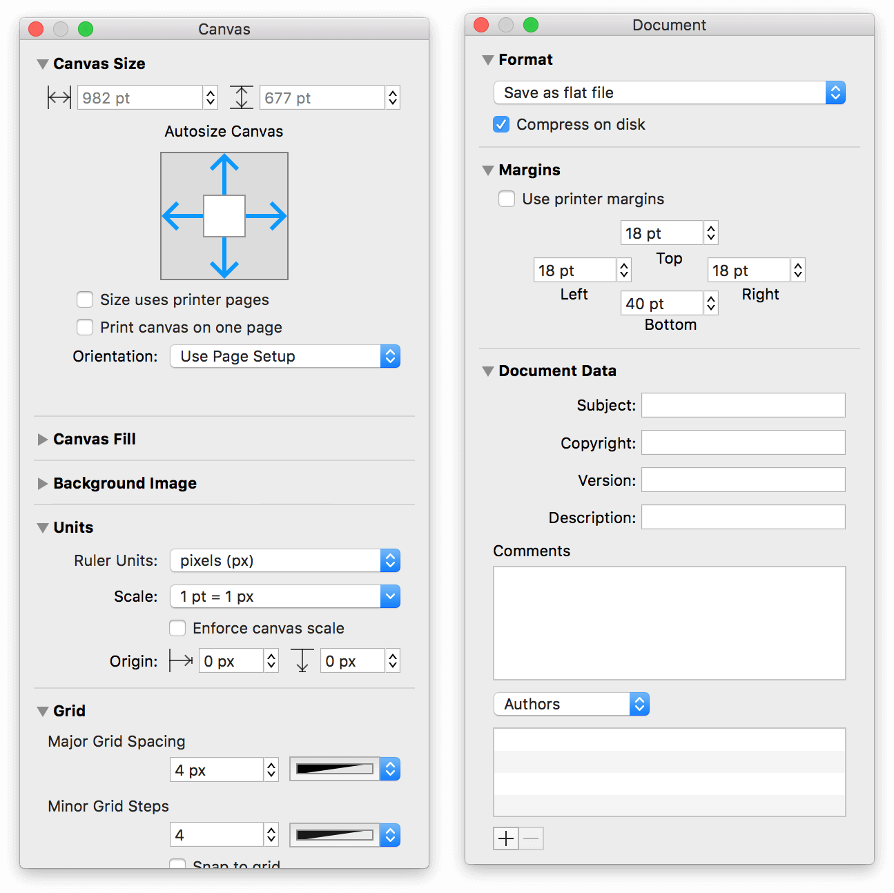 The Canvas and Document inspectors when viewed as palettes