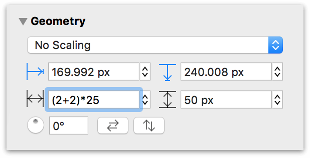 The width field uses 2 plus 2 times 25 as an equation to get 100 pixels as the objects width