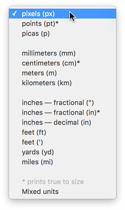 The Units inspector, with the Ruler Units popup menu open